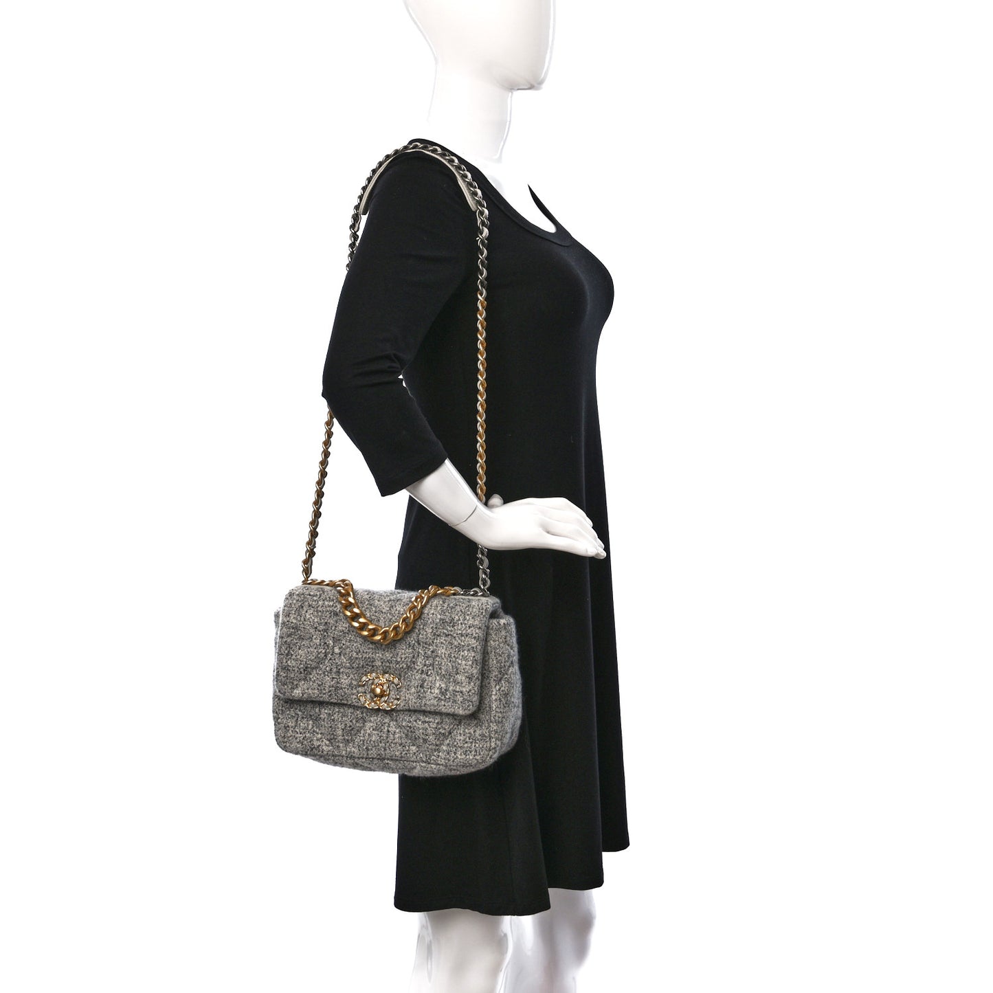 Tweed Quilted Medium Chanel 19 Flap Grey Ecru