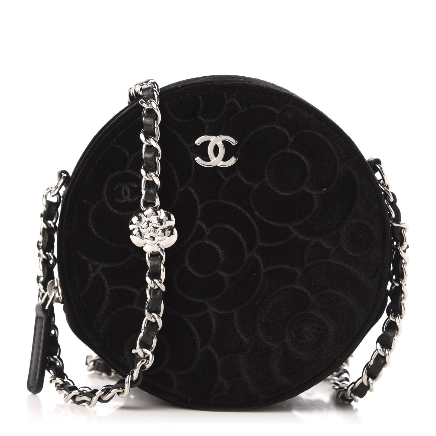 Suede Camellia Quilted Round Clutch With Chain Black