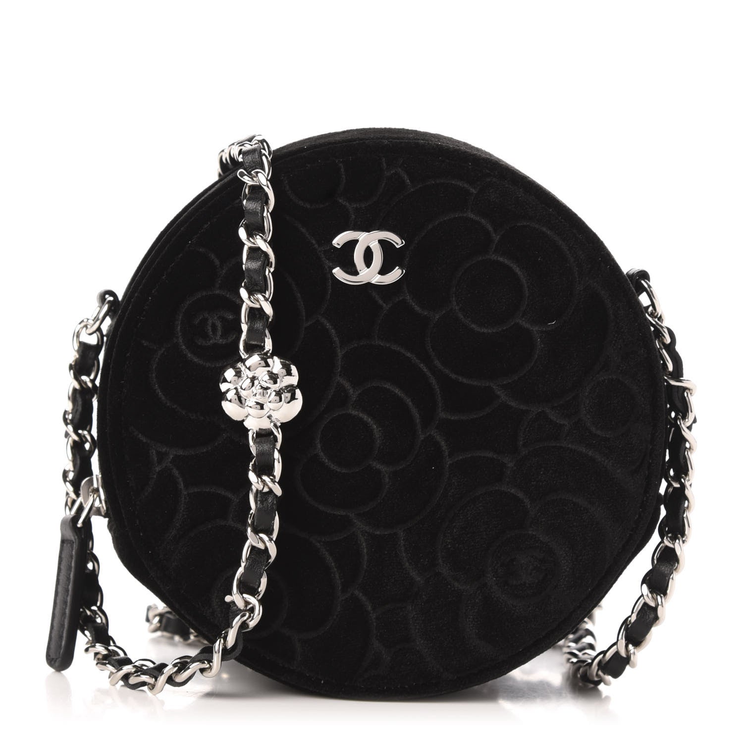 Chanel Suede Camellia Quilted Round Clutch With Chain Black 1 of 11