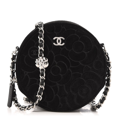 Chanel Suede Camellia Quilted Round Clutch With Chain Black 1 of 11