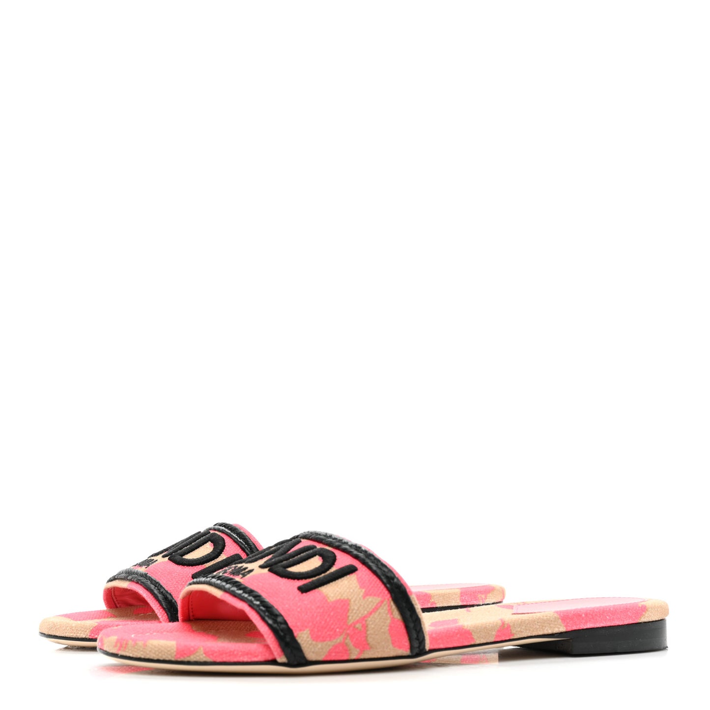 Canvas Floral Print Logo Flat Slide Sandals 38 Pink
