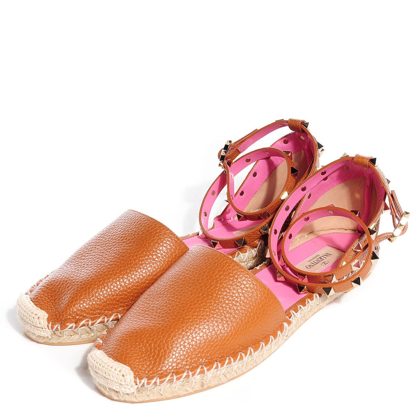 Grained Calfskin Rockstud Ankle Wrap Espadrille Flats 41 Light Cuir