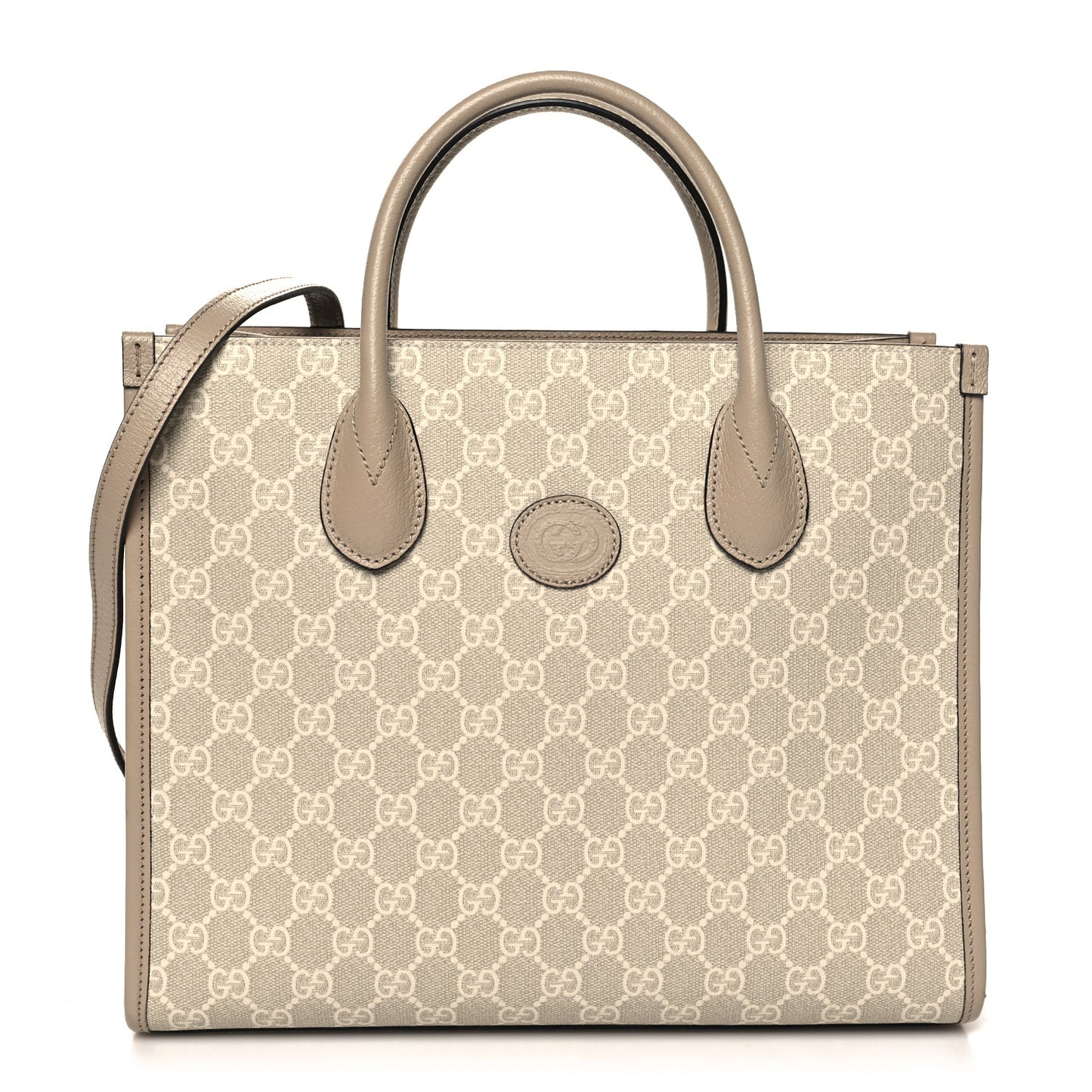 GG Supreme Monogram Textured Dollar Calfskin Small Retro Interlocking G Tote Bag Beige Mystic White Oatmeal