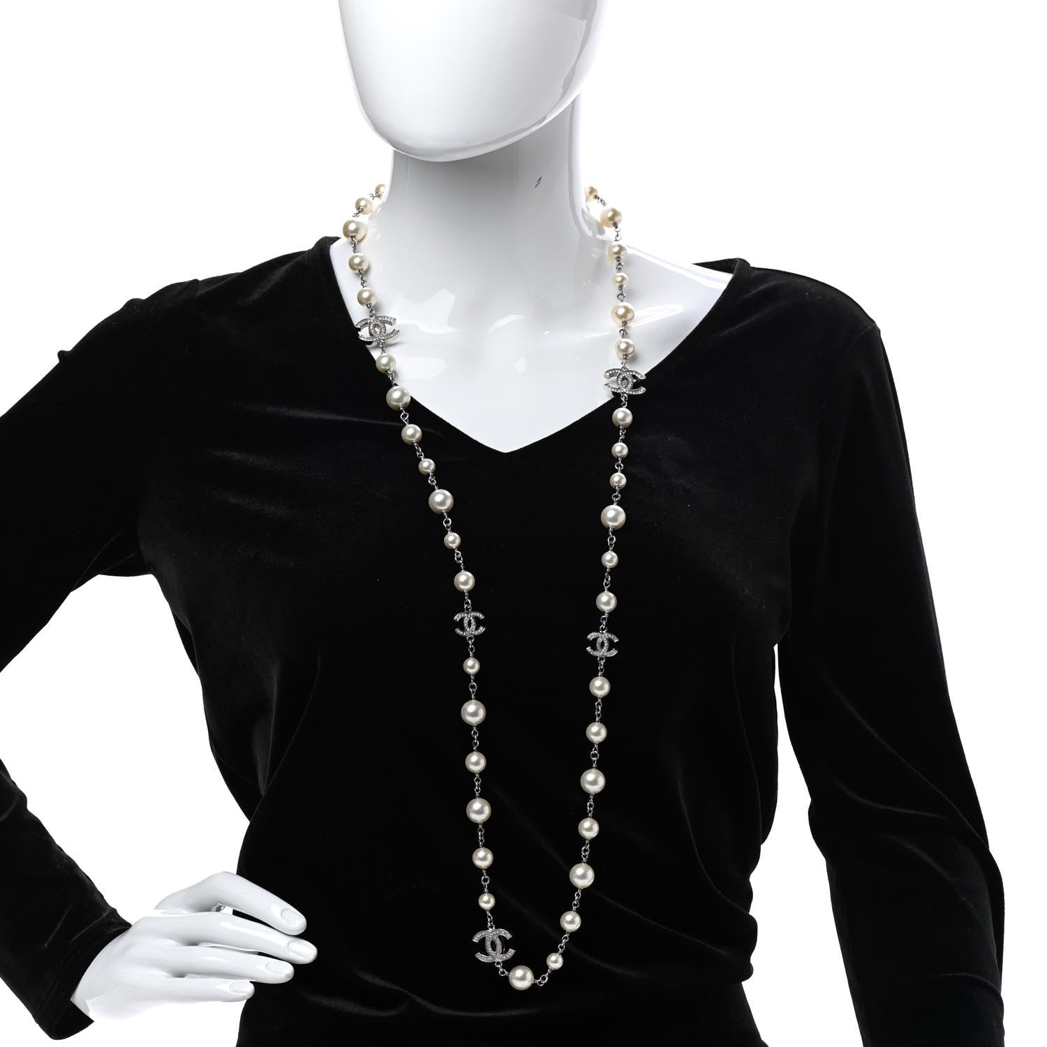 Chanel Graduated Pearl Crystal CC Long Necklace Silver 2 of 6