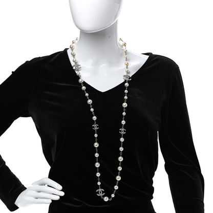 Chanel Graduated Pearl Crystal CC Long Necklace Silver 2 of 6