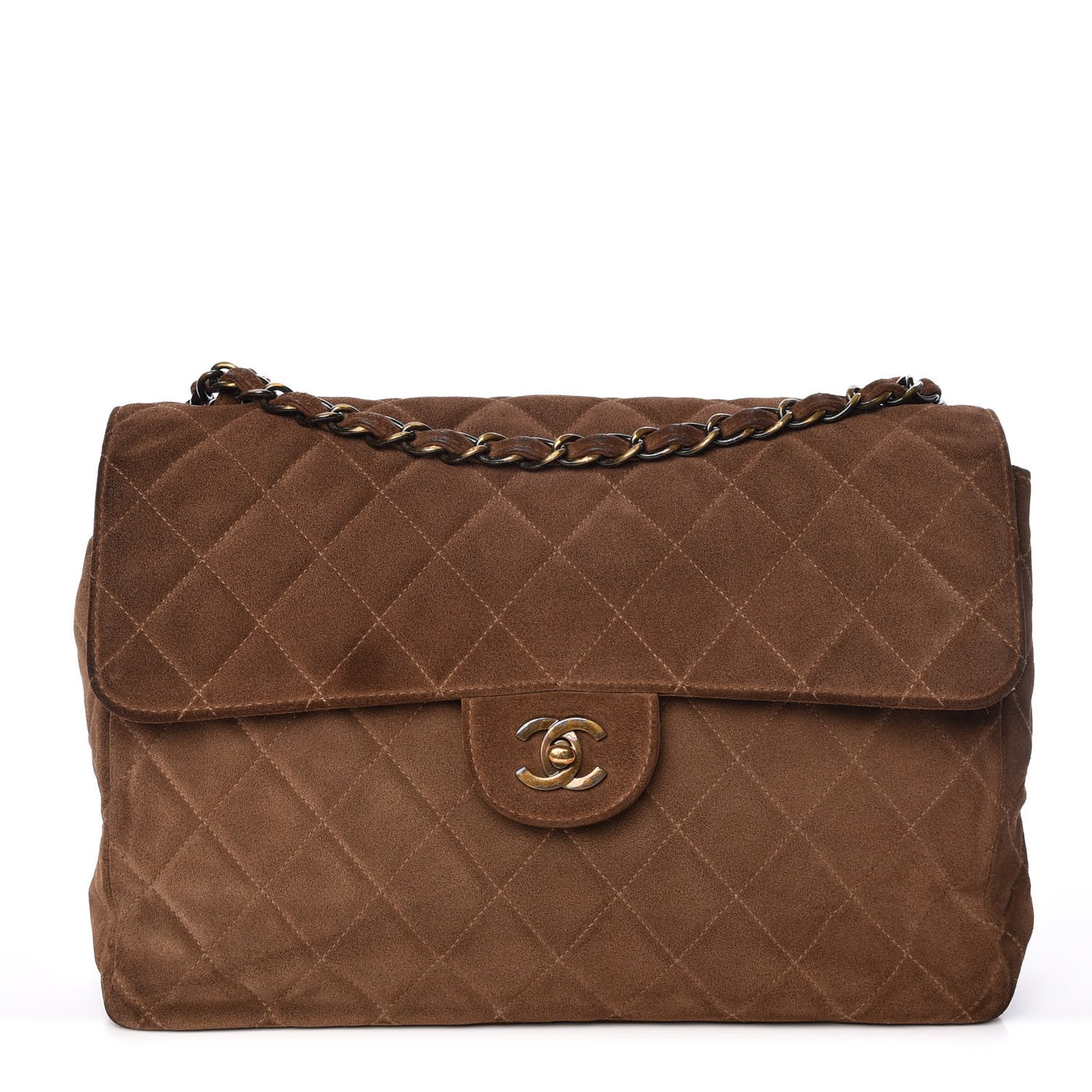Suede Quilted Jumbo Single Flap Brown