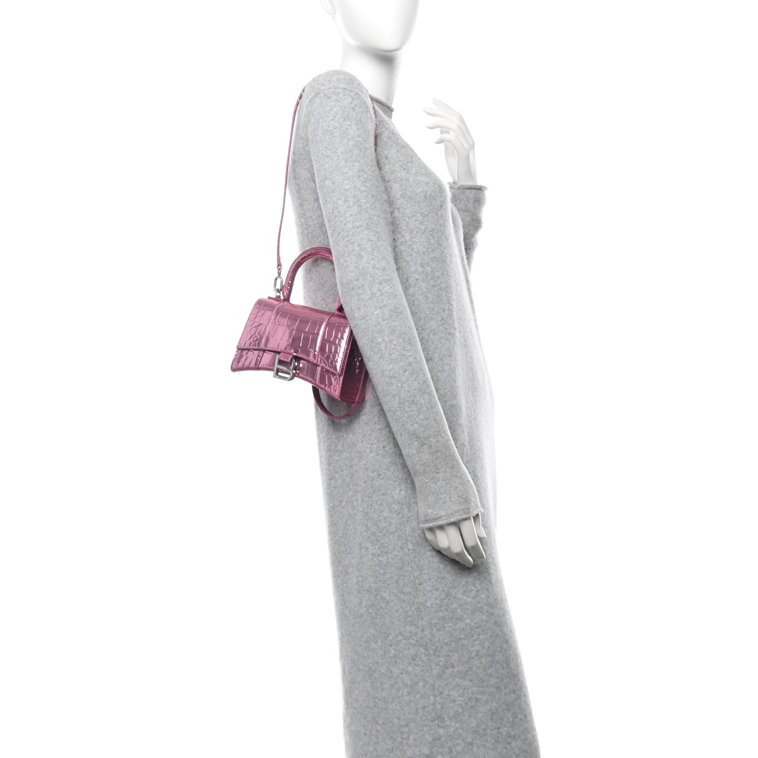 Balenciaga Metallic Shiny Calfskin Crocodile Embossed Hourglass Top Handle Bag XS Pink 2 of 10