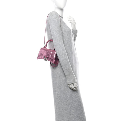 Balenciaga Metallic Shiny Calfskin Crocodile Embossed Hourglass Top Handle Bag XS Pink 2 of 10