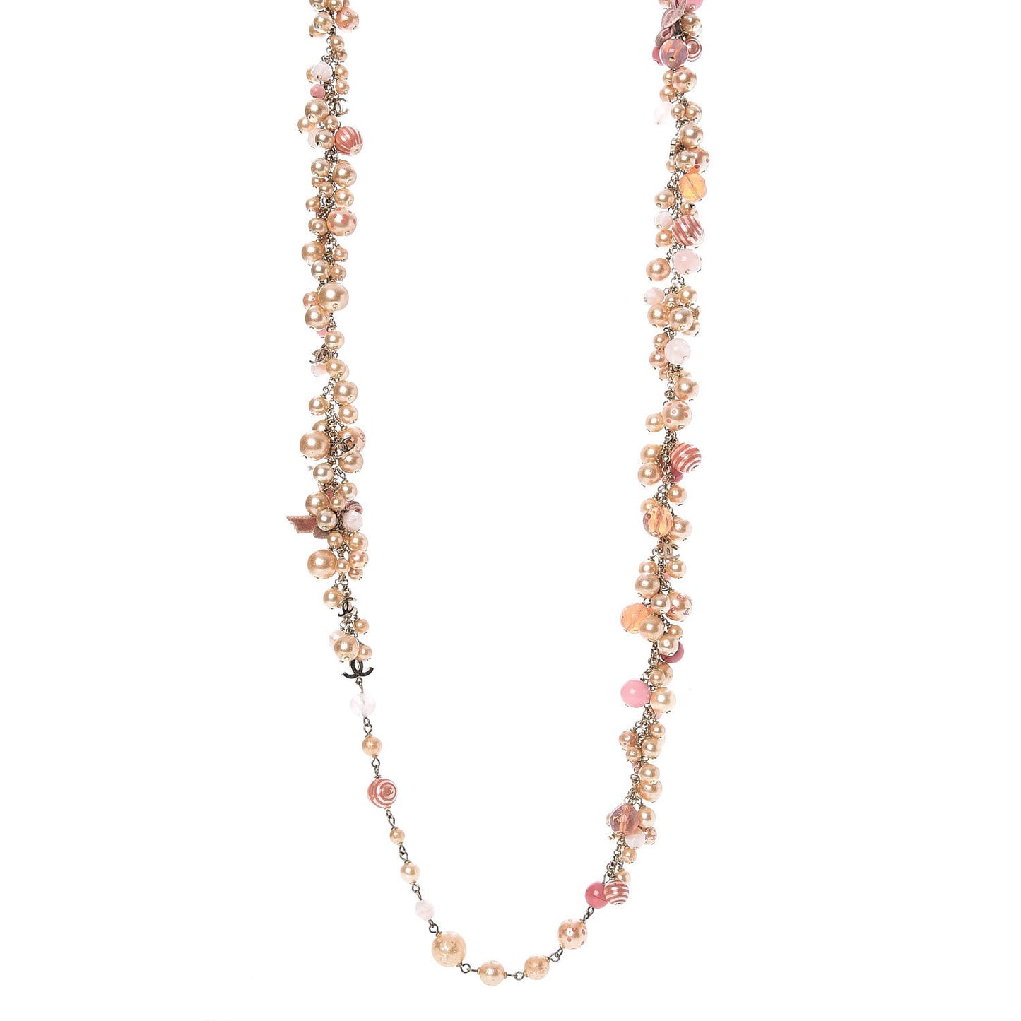 Pearl CC Beaded Velvet Bow Long Necklace Pink Ivory