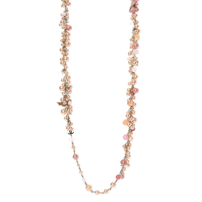 Chanel Pearl CC Beaded Velvet Bow Long Necklace Pink Ivory 1 of 6