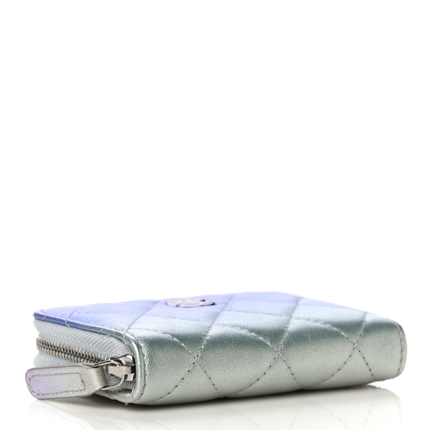 Gradient Metallic Calfskin Quilted Zip Around Coin Purse Wallet Silver Blue Yellow Purple