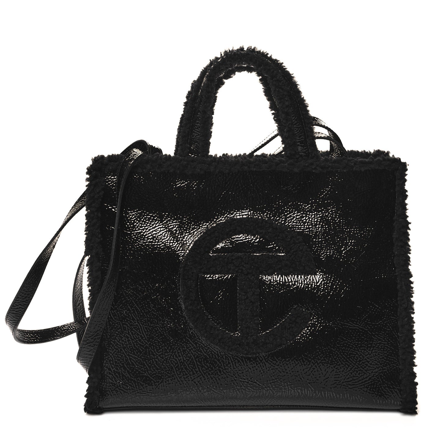 X UGG Crinkle Patent Shearling Large Shopping Bag Black
