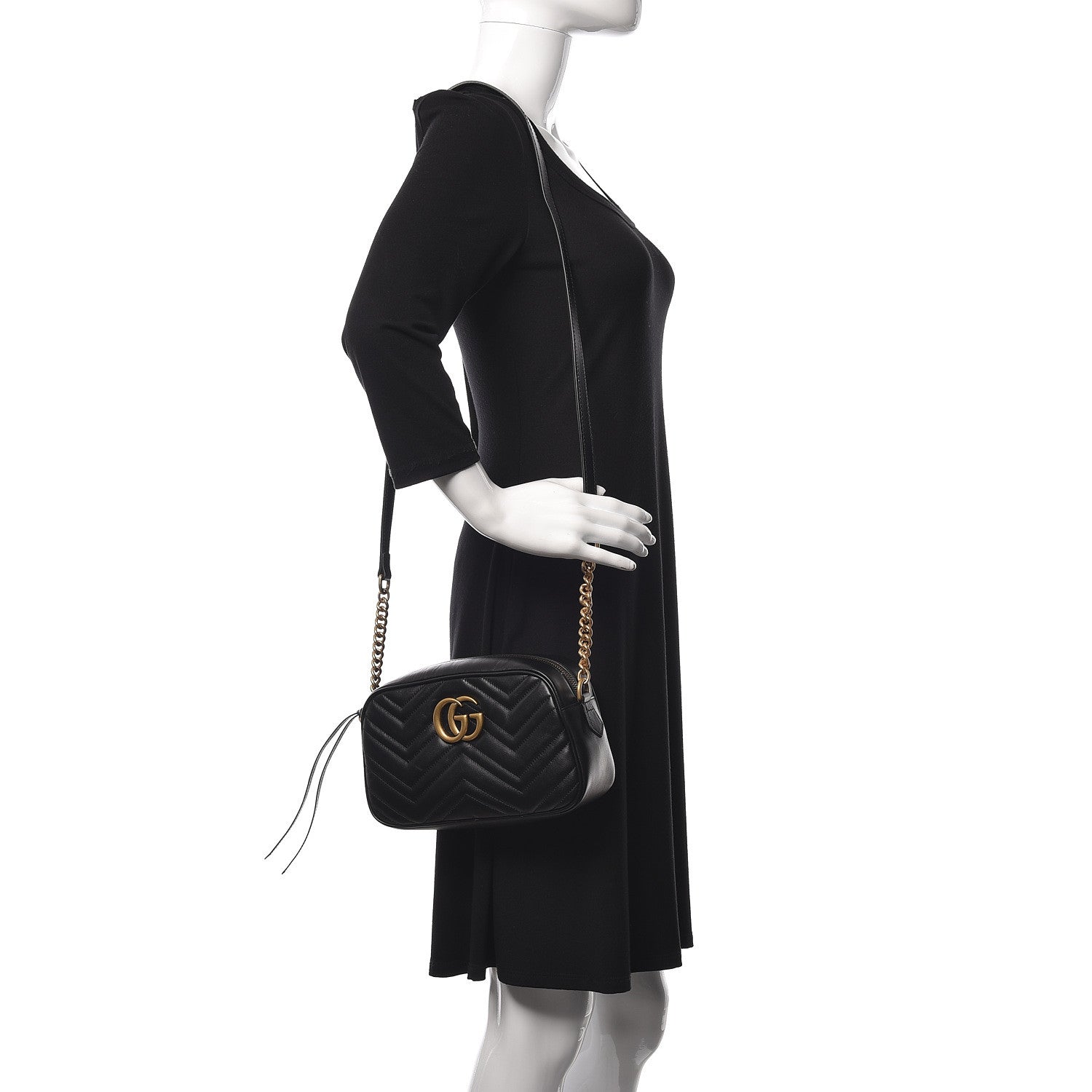 Gucci Calfskin Matelasse Small GG Marmont Chain Shoulder Bag Black 2 of 7