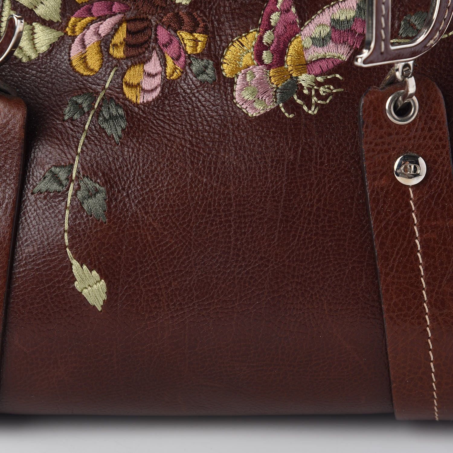 Christian Dior Grained Calfskin Romantic Flowers Frame Satchel Brown 10 of 13