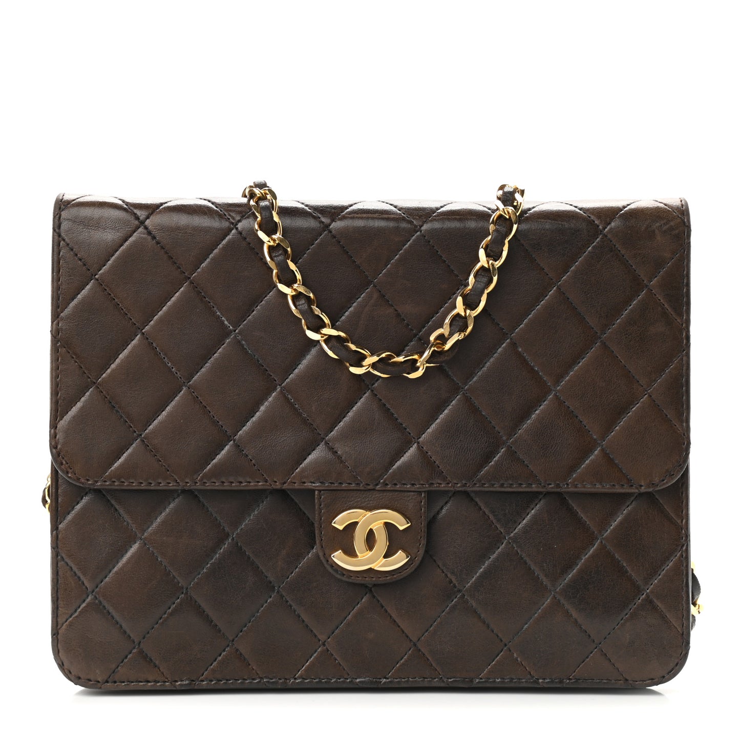 Lambskin Quilted Small Single Flap Brown