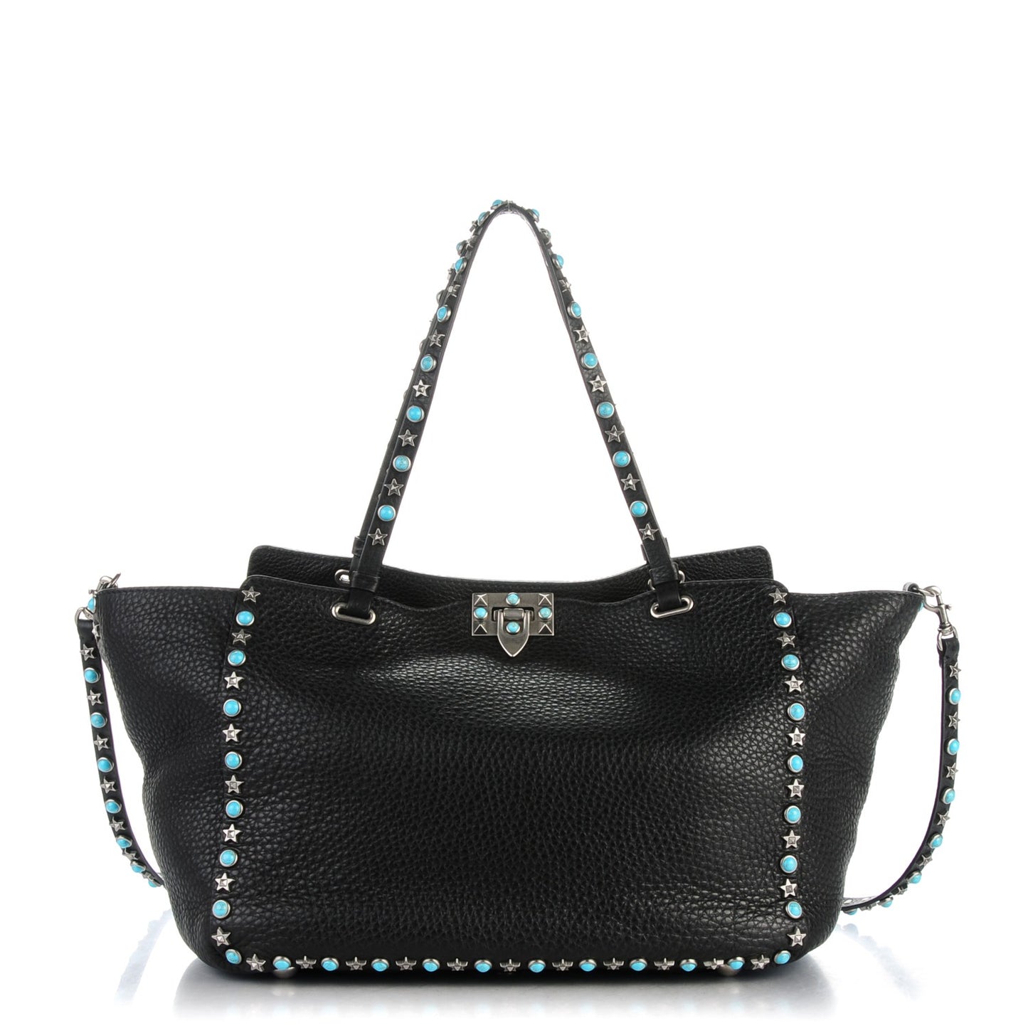 Grained Calfskin Turquoise Star Studded Medium Rockstud Rolling Tote Black