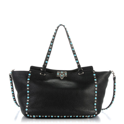 Valentino Garavani Grained Calfskin Turquoise Star Studded Medium Rockstud Rolling Tote Black 1 of 8