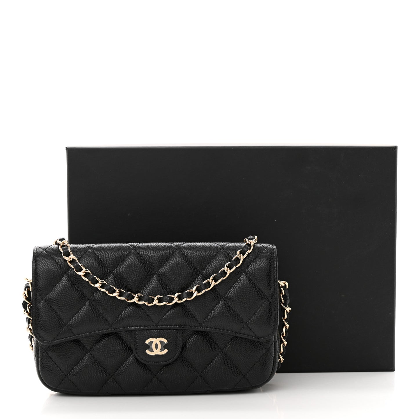 Caviar Quilted Flap Phone Holder With Chain Black