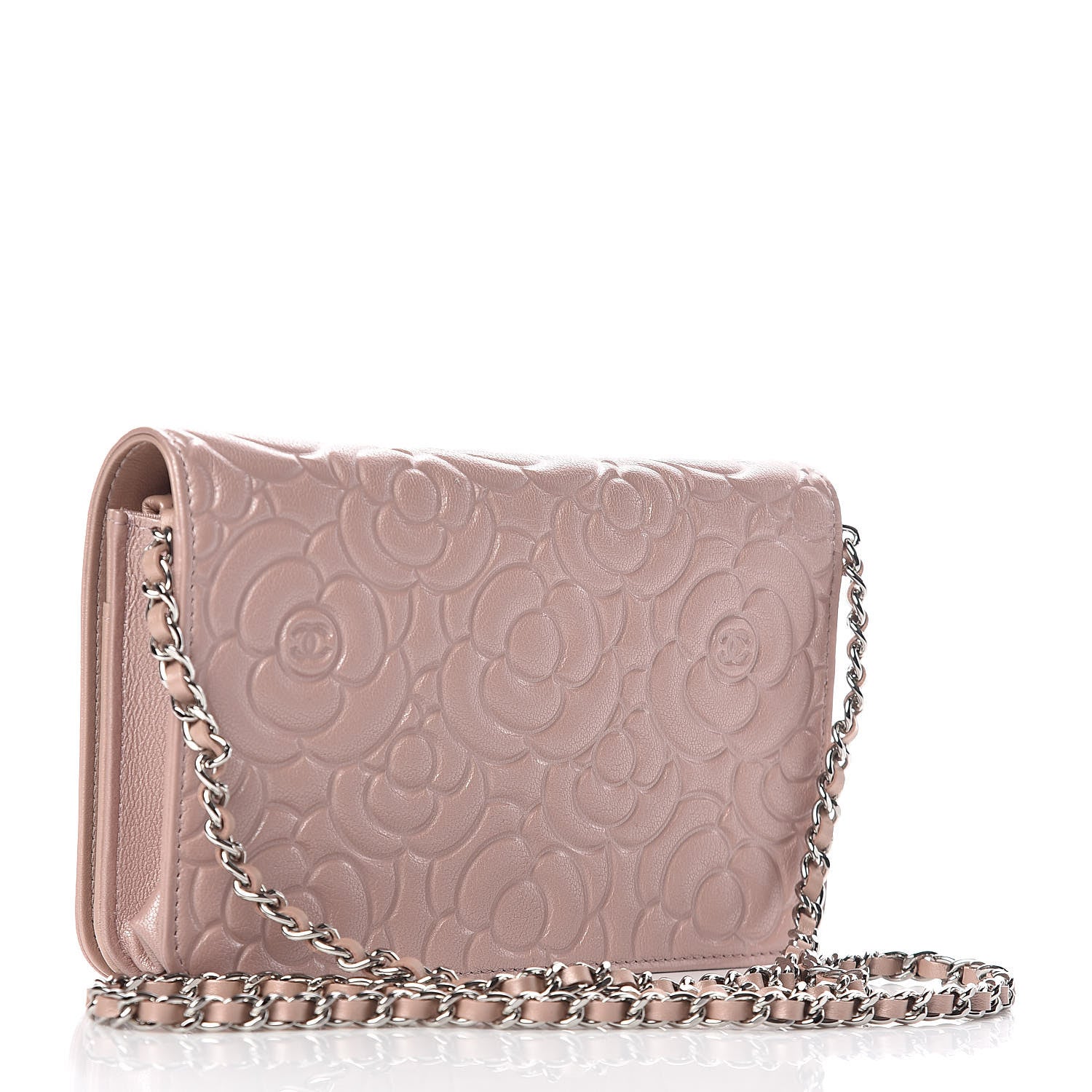 Chanel Goatskin Camellia Embossed Wallet On Chain WOC Light Pink 3 of 11