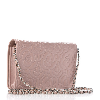 Chanel Goatskin Camellia Embossed Wallet On Chain WOC Light Pink 3 of 11
