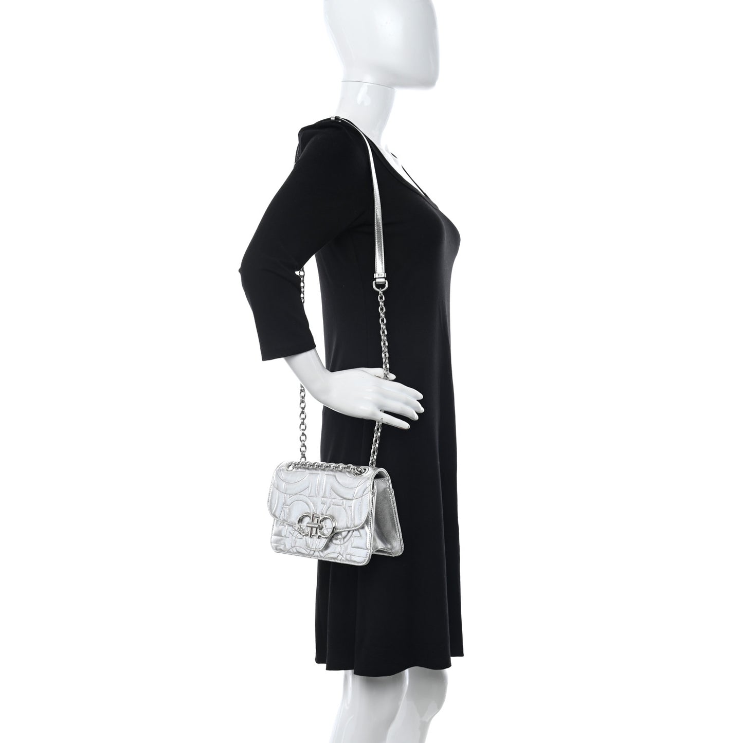 Calfskin Quilted Gancini Flap Bag Silver