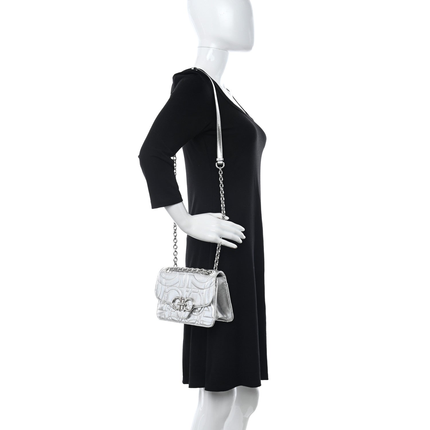 Salvatore Ferragamo Calfskin Quilted Gancini Flap Bag Silver 2 of 10