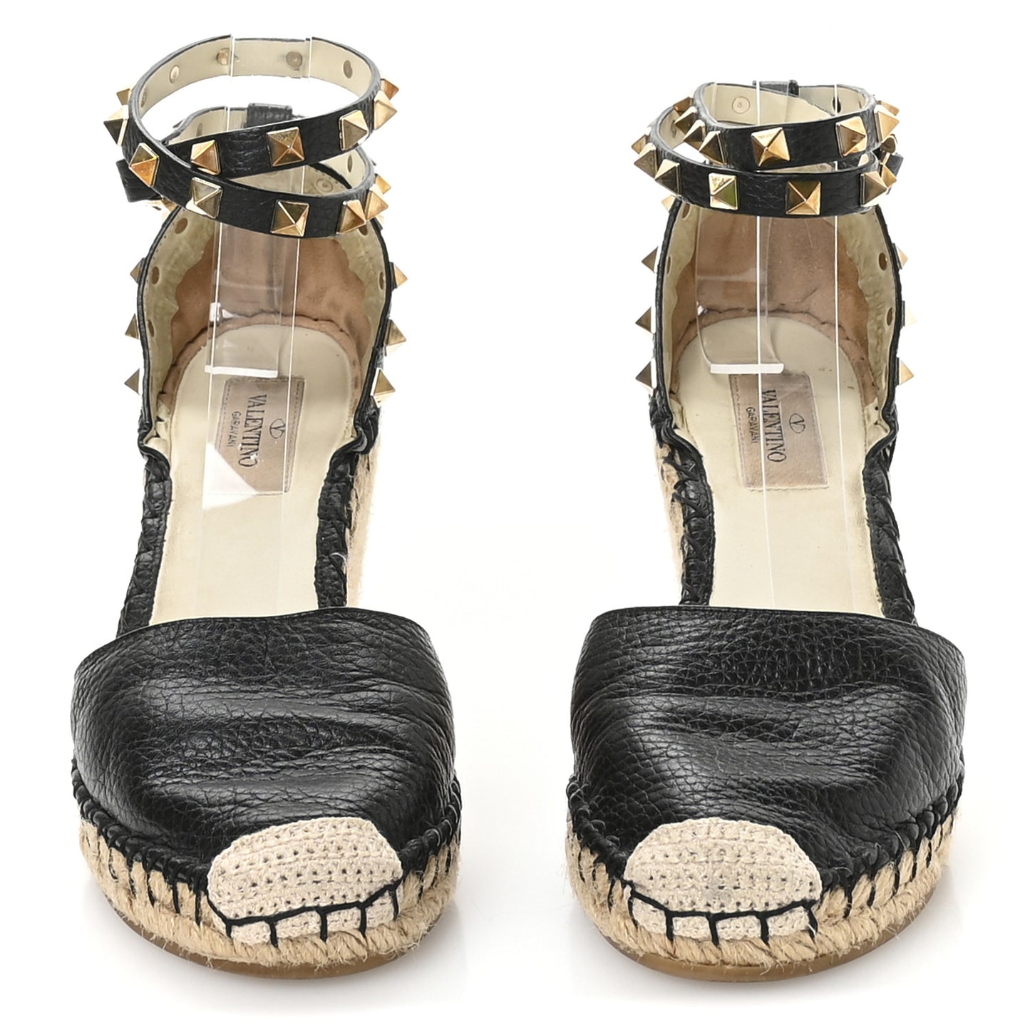 Grained Calfskin Rockstud Ankle Wrap Espadrille 15/85mm Wedges 38 Black Light Cuir