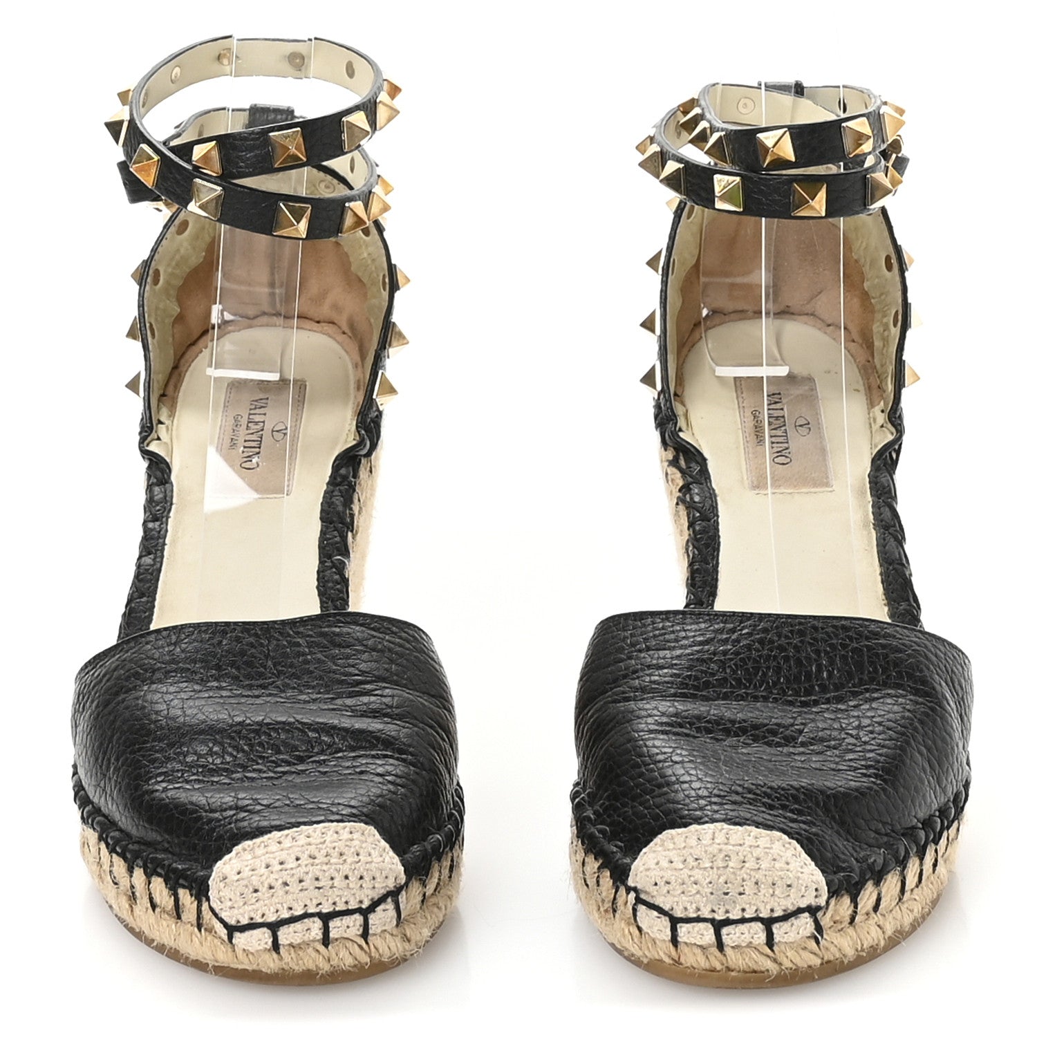 Valentino Garavani Grained Calfskin Rockstud Ankle Wrap Espadrille 15/85mm Wedges 38 Black Light Cuir 3 of 9
