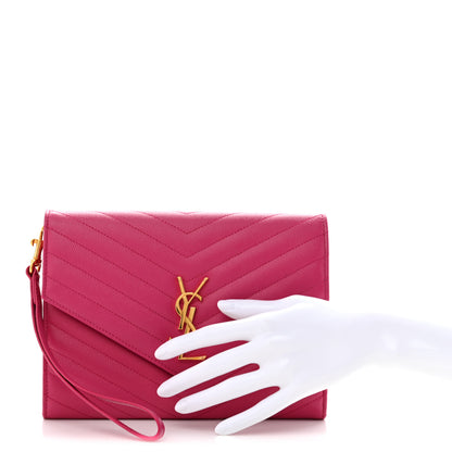 Saint Laurent Grain De Poudre Matelasse Chevron Monogram Envelope Clutch Fuchsia 2 of 11