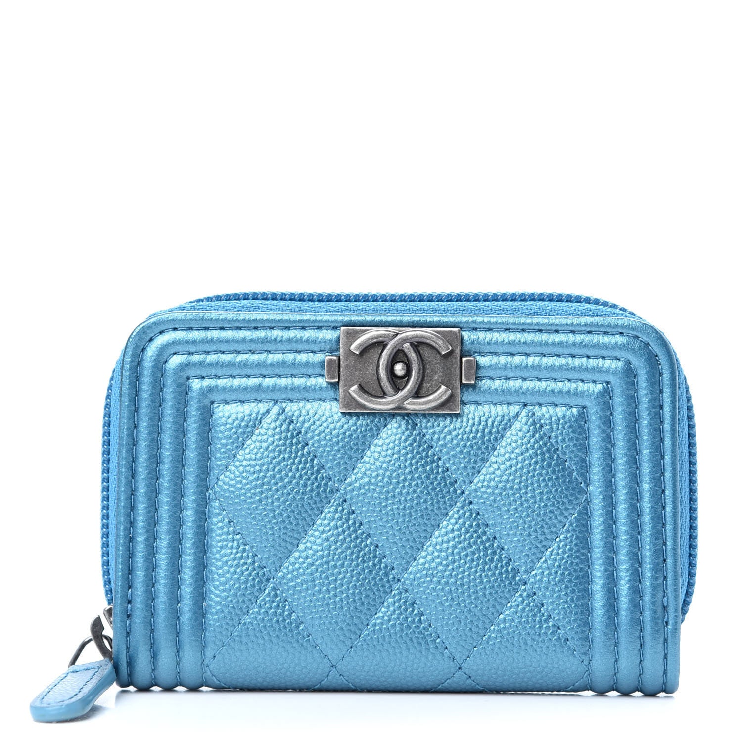 Chanel Metallic Caviar Quilted Boy Zip Around Coin Purse Wallet Turquoise 1 of 8