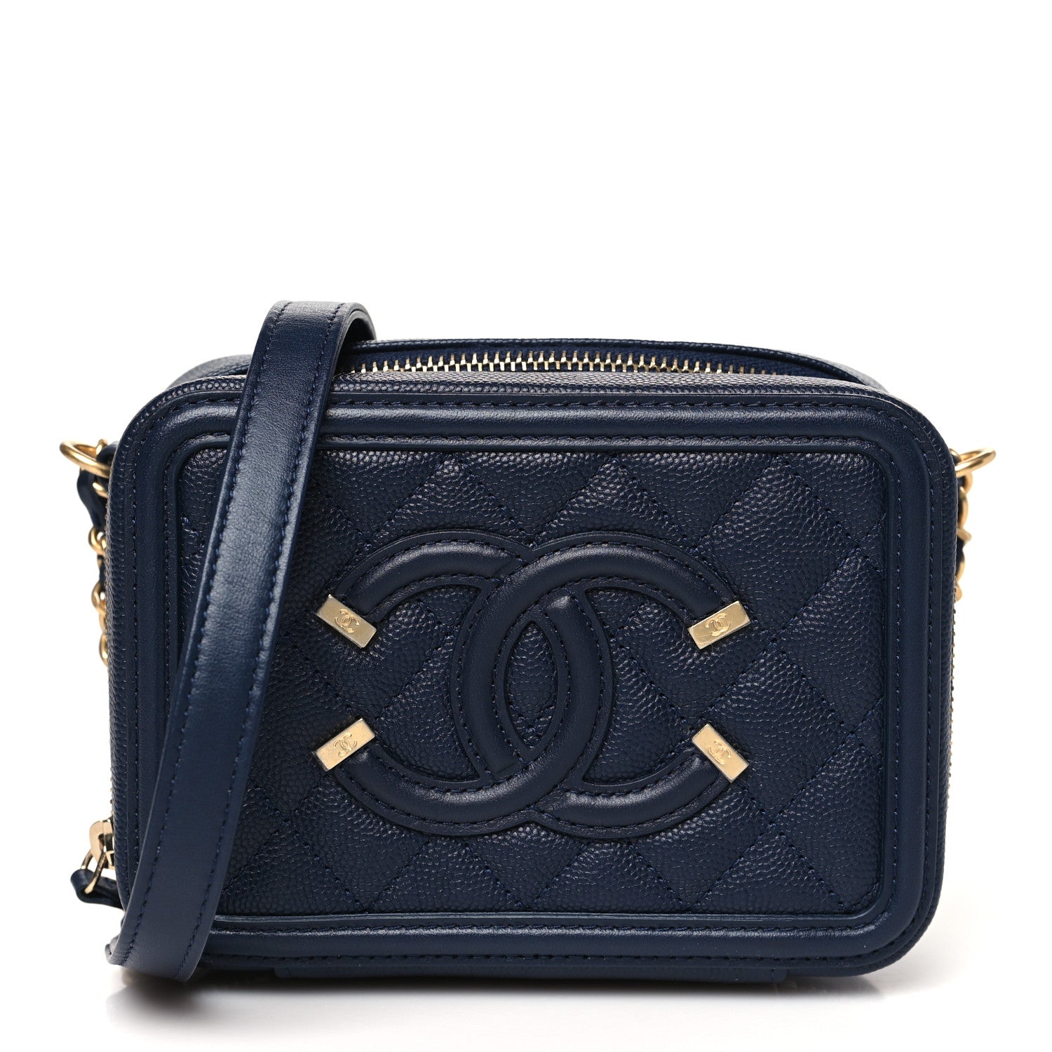 Chanel Caviar Quilted CC Filigree Vanity Clutch With Chain Navy 1 of 10