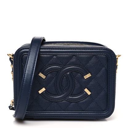 Chanel Caviar Quilted CC Filigree Vanity Clutch With Chain Navy 1 of 10
