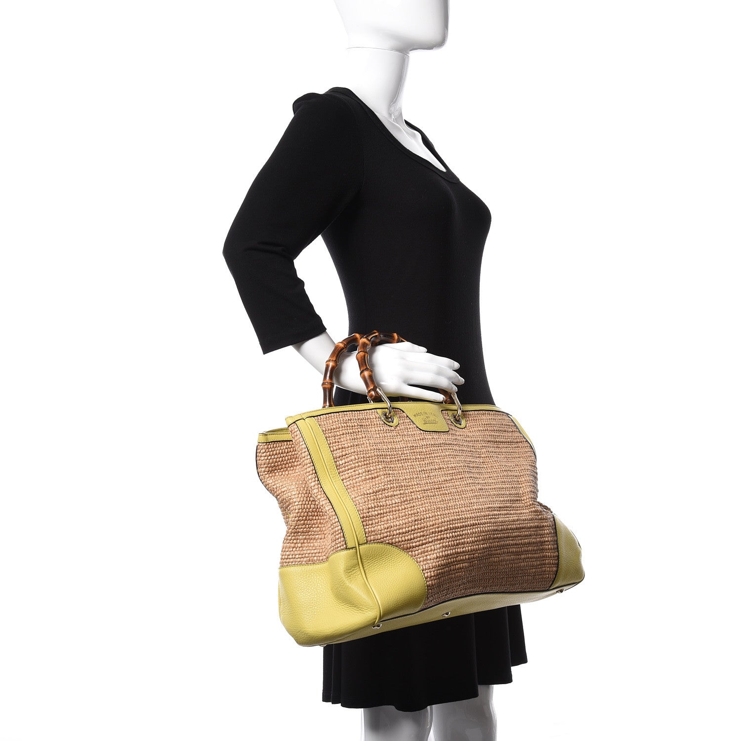 Gucci Calfskin Straw Large Bamboo Shopper Tote Citrus 2 of 8