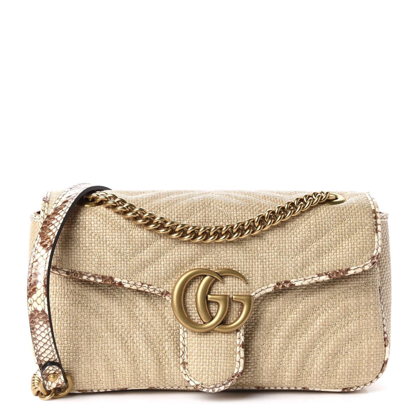 Raffia Elaphe Matelasse Small GG Marmont Shoulder Bag Natural Cream Brown
