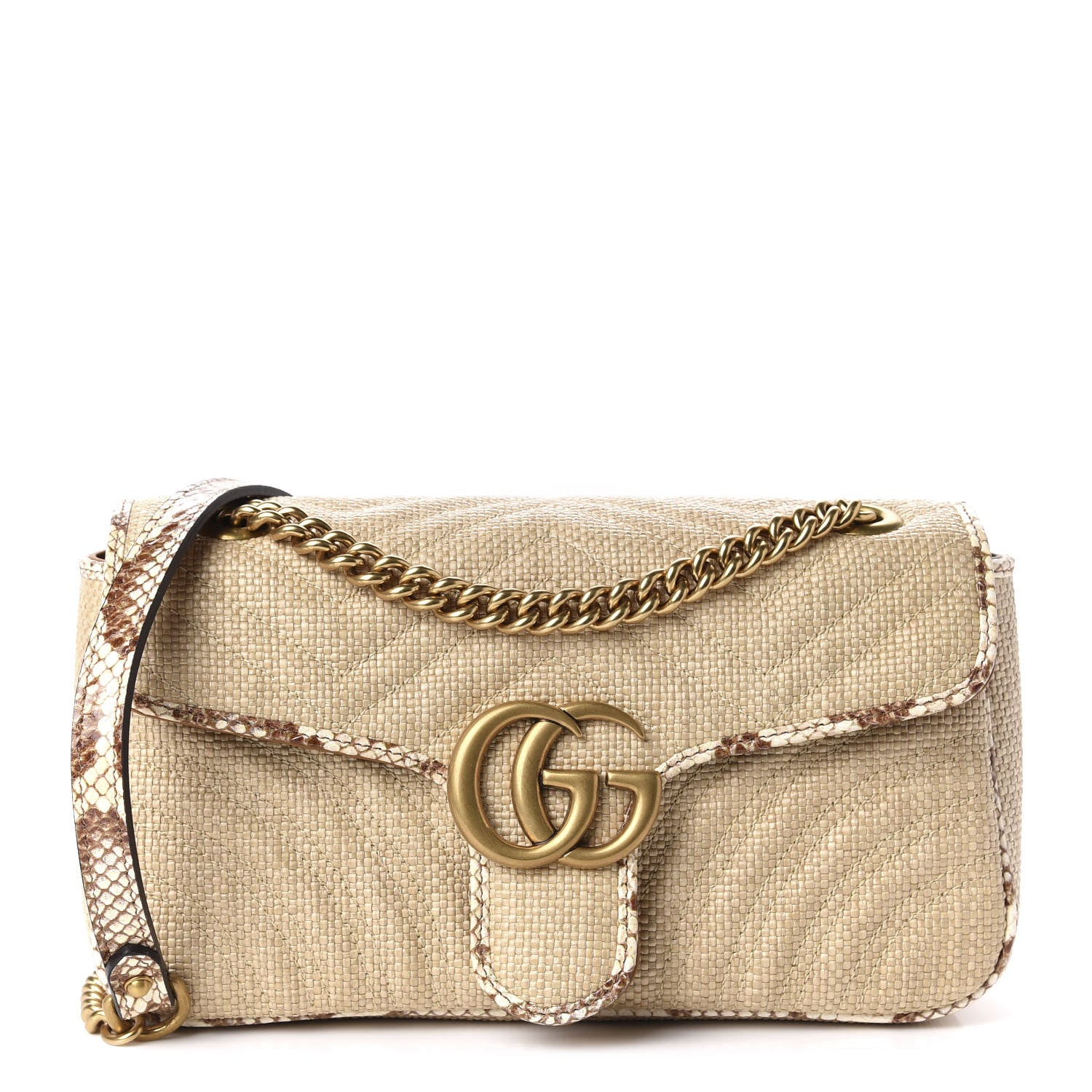 Gucci Raffia Elaphe Matelasse Small GG Marmont Shoulder Bag Natural Cream Brown 1 of 10