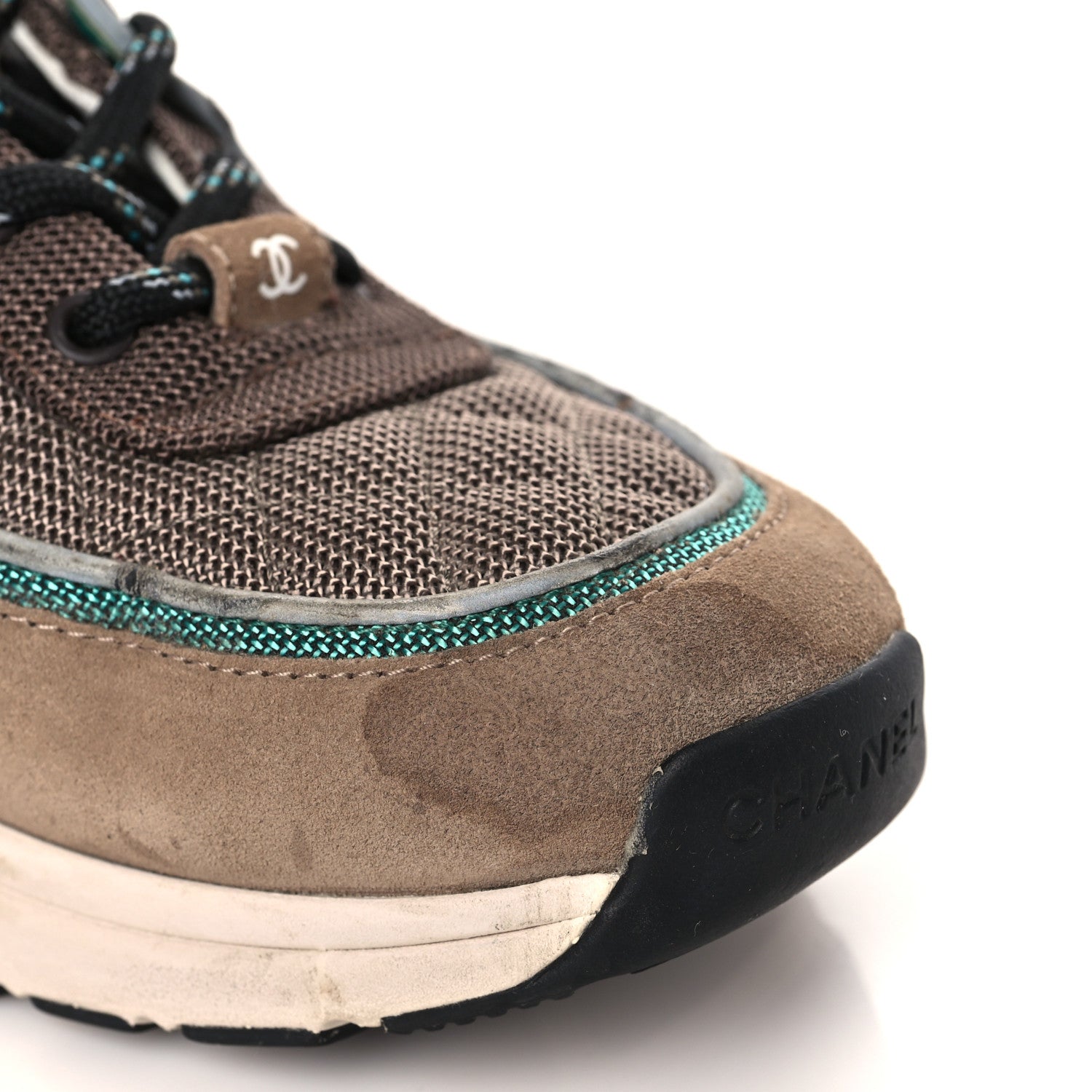 Chanel Nylon Calfskin Suede Womens CC Sneakers 40.5 Brown Green 11 of 12