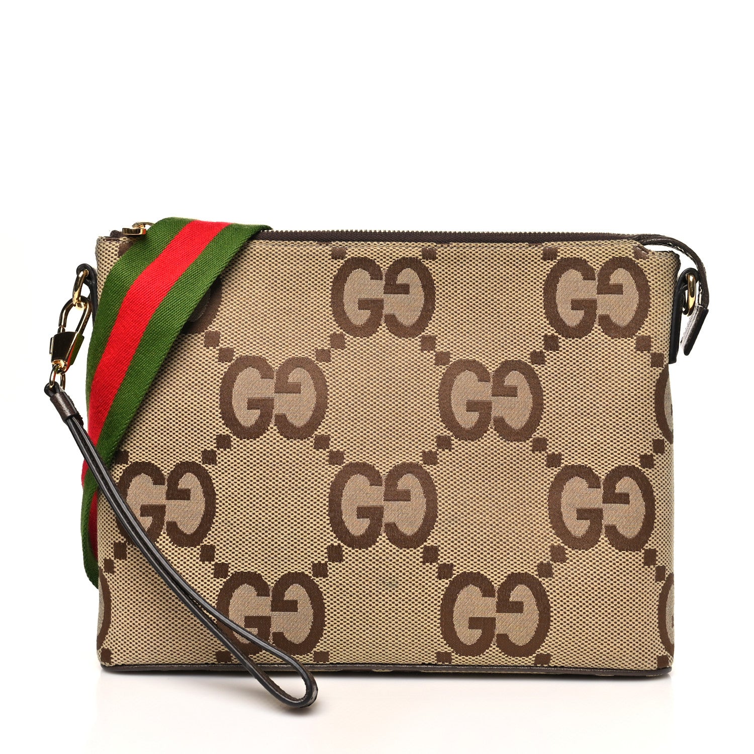 Gucci Monogram Jumbo GG Textured Dollar Calfskin Web Wristlet Messenger Bag Camel Ebony New Acero 1 of 9
