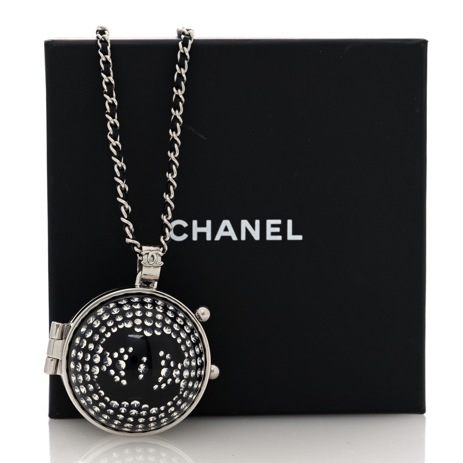 Chanel Resin Crystal Lambskin Ball Mirror Necklace Black Silver