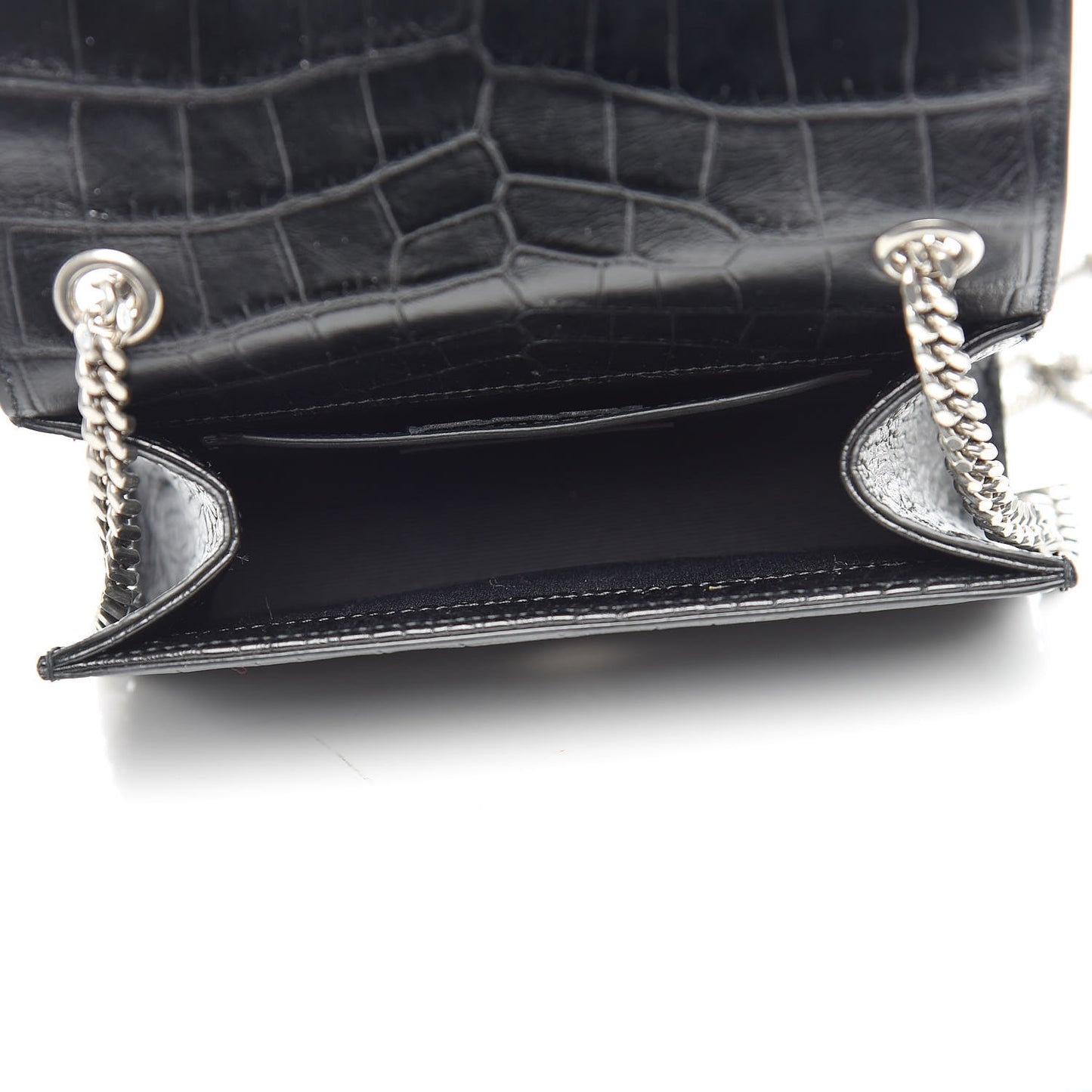 Calfskin Crocodile Embossed Small Classic Monogram Kate Tassel Satchel Black
