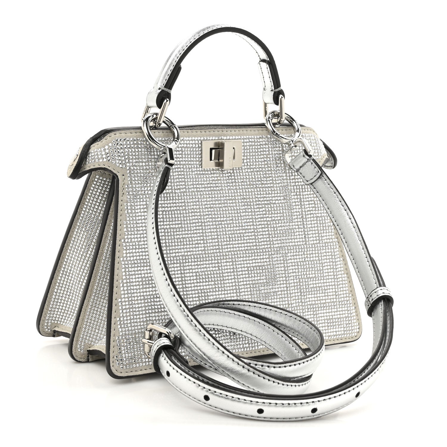 Fendi Crystal Vitello Laminato FF Petite Peekaboo I SEE U Satchel Crystal Argento 3 of 13