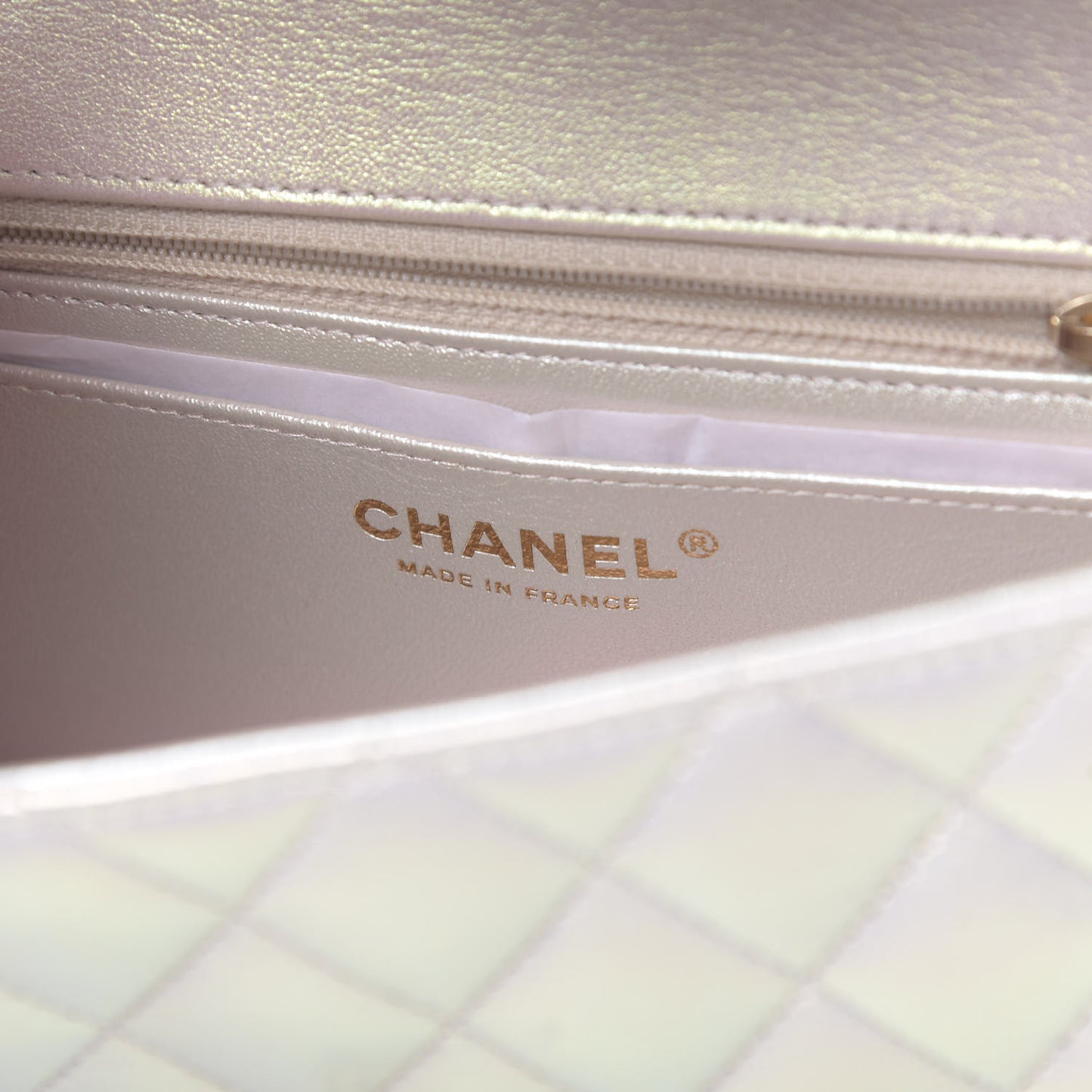 Iridescent Lambskin Quilted Mini Rectangular Flap Ivory
