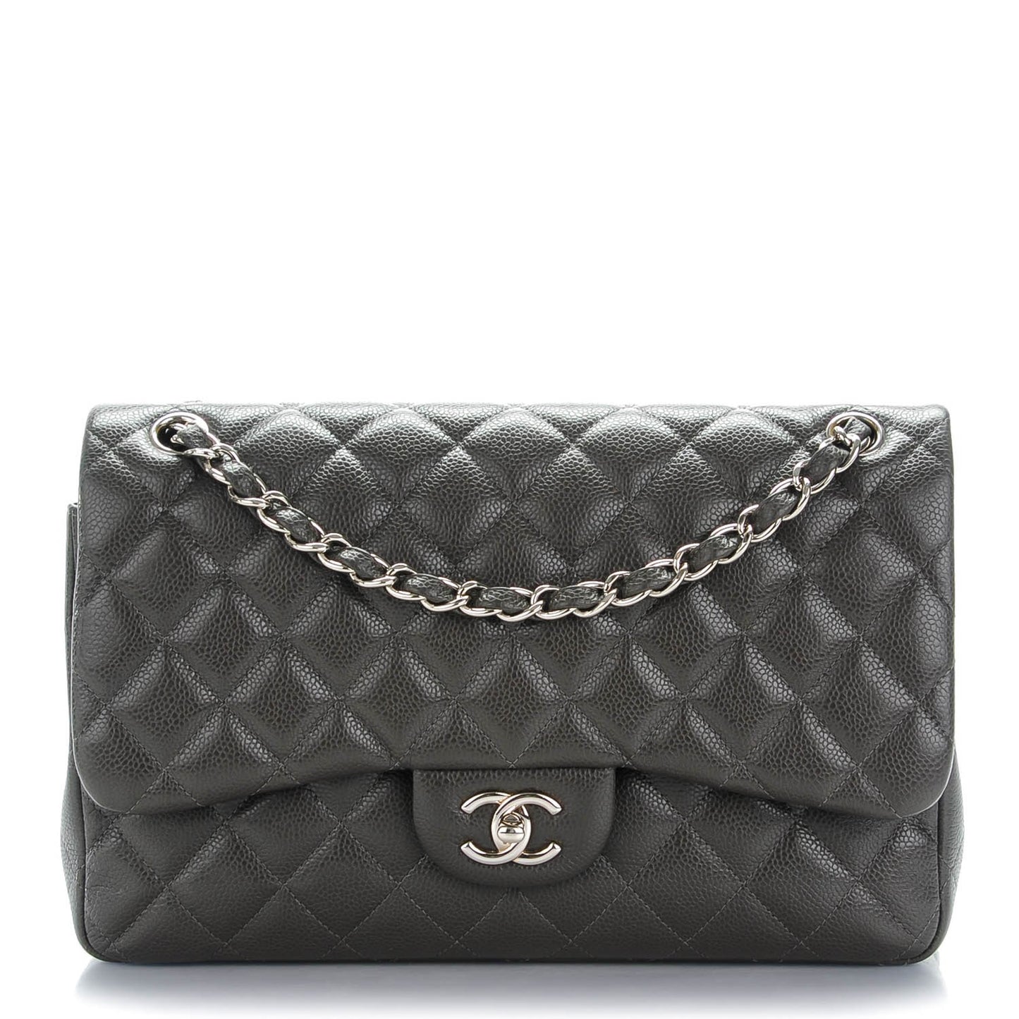Caviar Quilted Jumbo Double Flap Dark Grey