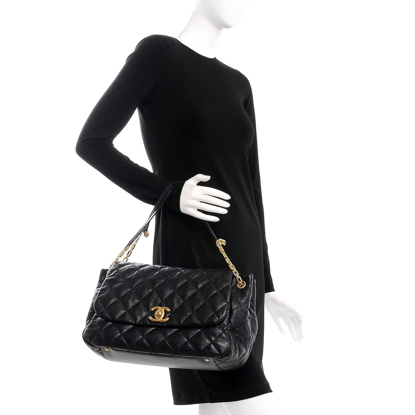 Calfskin Quilted Jumbo Retro Chain Accordion Flap Black