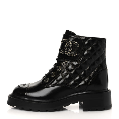 Chanel Shiny Calfskin Quilted Lace Up Combat Boots 37.5 Black 1 of 9