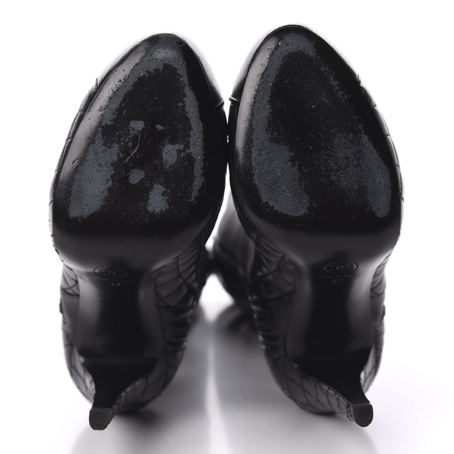 Calfskin Lambskin CC Cap Toe Quilted Knee High Boots 37 Black