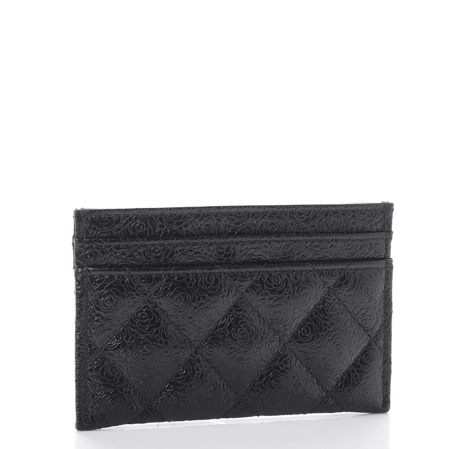 Calfskin Camellia Embossed Quilted Card Holder Black