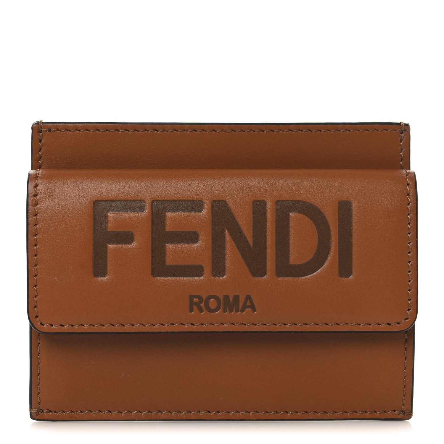 Fendi Vitello King Tamponato Logo Embossed Fold Over Card Holder Wallet Cuoio 1 of 7