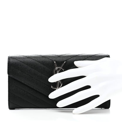 Saint Laurent Grain De Poudre Matelasse Chevron Monogram Flap Wallet Black 2 of 7
