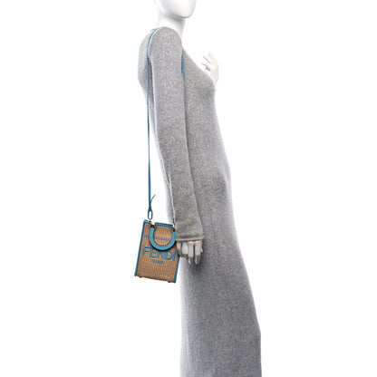 Fendi Straw Vitello Grace Cuoio Logo Braided Embroidered Mini Sunshine Shopper Natural Blue 2 of 10