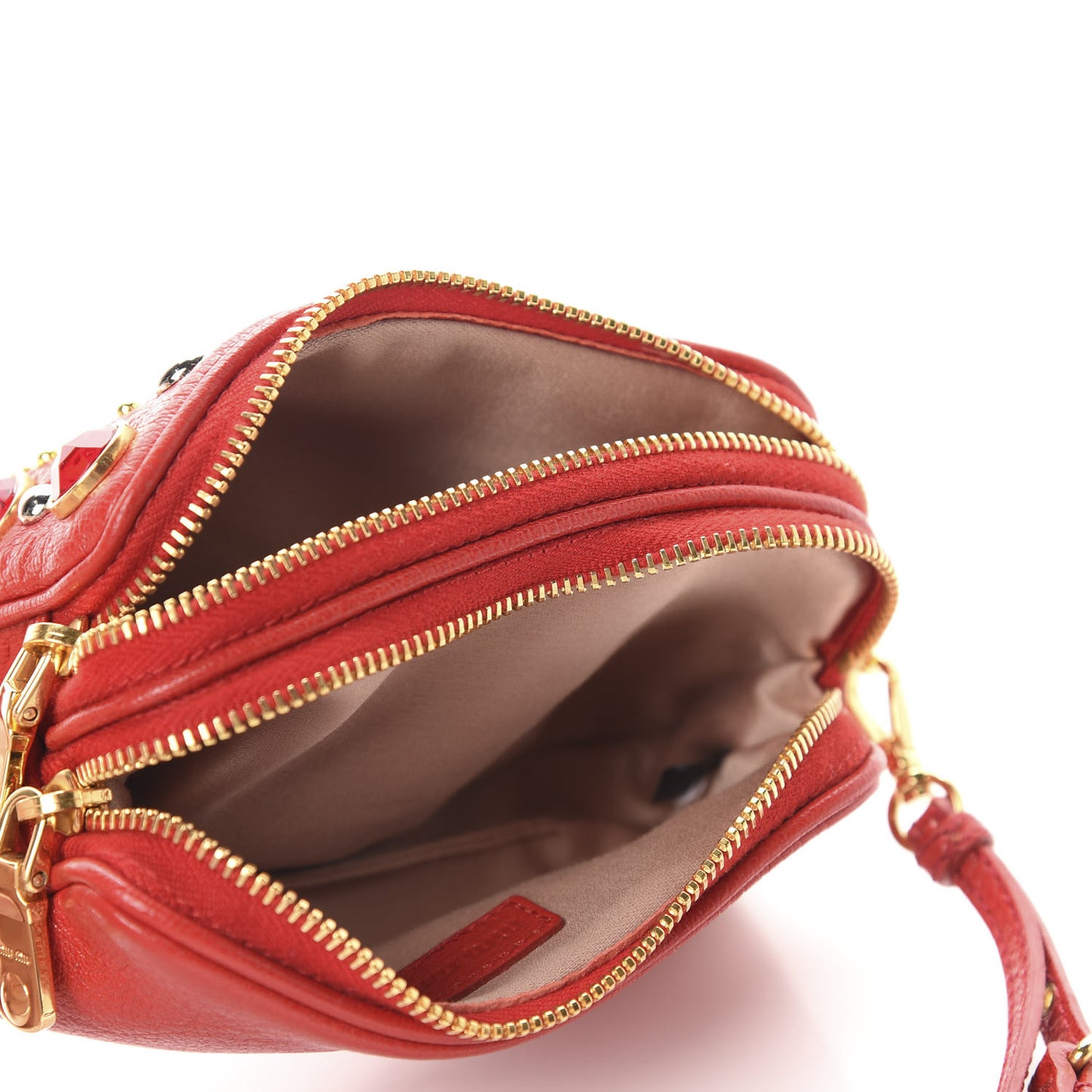 Goatskin Madras Crystal Studded Double Zip Wristlet Rosso
